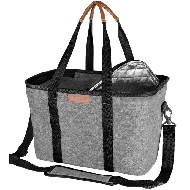 CleverMade SnapBasket LUXE Insulated Collapsible Grocery Cooler Tote Bag with Zippered Lid and Shoulder Strap - Gray/Black