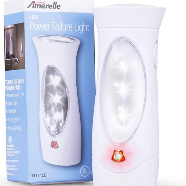 Amerelle Emergency Lights For Home, 1 Pack – 3 Function Power Outage Lights – Amertac Power Failure Light and Plug In Flashlight Combo With Rechargeable Battery – Power Outage Snow Storm Ready