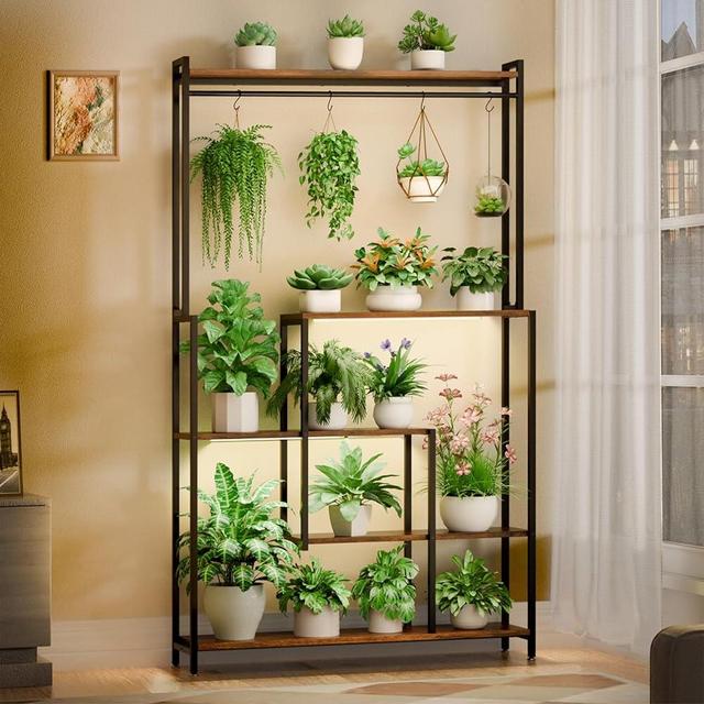 MJOMKN Tall Plant Stand Indoor with Grow Light, Fathers Day Dad Gifts, 72" Metal Plant Shelf for Indoor Plants Multiple, 5 Tier Plant Holder, Large Square Corner Display Rack for Living Room Patio