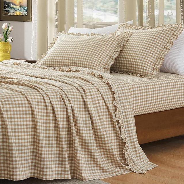 KKJIAF 4 Pieces Plaid Ruffle Queen Bed Sheets, Cotton Gingham Queen Bed Sheet Set Linen Feel Comfy Breathable Ruffed Plaid Bed Sheets with 16 Inch Deep Pocket, Taupe