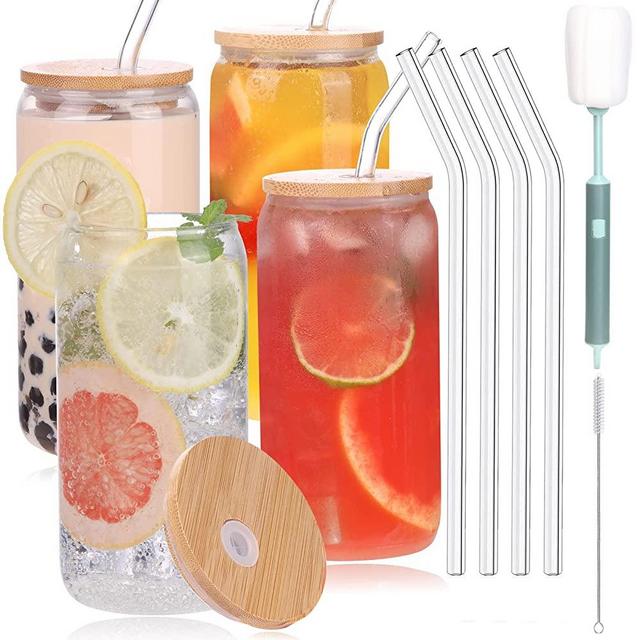 Cute Glass Cups with Bamboo Lids and Straws,4 pack 16oz  Drinking Glasses,Retro Floral Can Shaped Glass Cups,Aesthetic Iced Coffee  Glasses,Clear Glass Tumbler,Fit for Smoothie,Beer,Soda,Tea,Boba,Lattes: Old  Fashioned Glasses