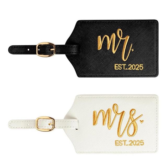 CHOIEO Mr and Mrs Luggage Tags, Bridal Shower Gift Honeymoon Gifts Wedding Gifts for Bride, PU Leather Travel Tags with Name ID Address Card (Black/White Gold MrMrs Est2025)
