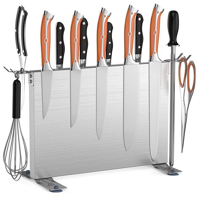 EVV Magnetic Knife Block Holder with Hooks Stainless Steel Double Side Display Stand Kitchen Utensil Storage Rack Organizer