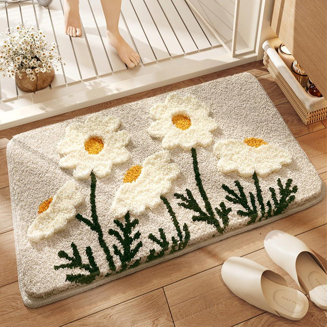 gdmgdr Fluffy Absorbent Flower Bathroom Rug Washable, 32" x 20" Bath Mat for Bathroom Non Slip, Soft Tufted Rug Flower Bath Mat Home Decor, White Flowers