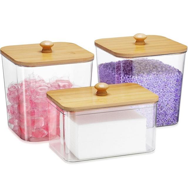 ALOCEO Set of 3 Laundry Containers, Wall Mounted Clear Plastic Laundry Pods Container Dryer Sheet Holder with Lids for Laundry Room Organization and Storage