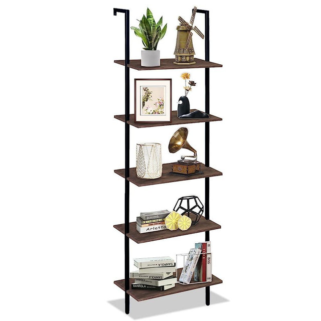 Wolawu 5 Tiers Ladder Shelf Brown Modern Bookshelf Open Tall Wall Mount Bookcase Standing Leaning Wall Shelves Industrial Decorative Living Room Bed Room