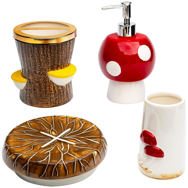 Mushroom Bathroom Accessories Set - Whimsical Red Nature-Inspired Ceramic Bathroom Kit Set with Tumbler, Toothbrush Holder, Soap Dispenser, and Soap Holder | Hand-Painted | Perfect for Gifts