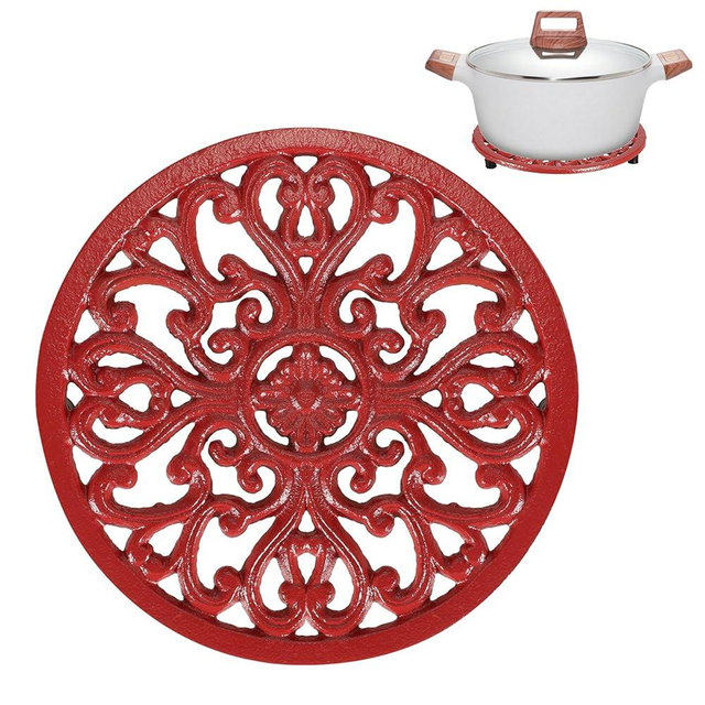 Sumnacon Cast Iron Trivet 6.7 Inch Iron Trivet for Hot Dish Pot Pan Plate Teapot,Heat Resistant Cast Iron Trivets with Rubber Feets for Kitchen Dining Table Cooktop Stove,Retro Red