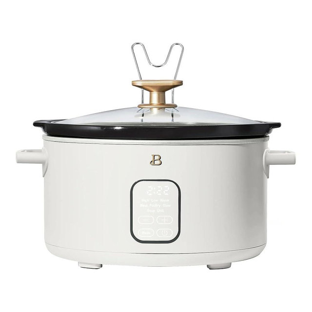 Beautiful 6 Qt Program Slow Cooker by Drew Barrymore, White Icing – Digital Timer, Auto-Warm, Easy Clean, Family-Sized Ceramic Pot, Stylish Kitchen Appliance