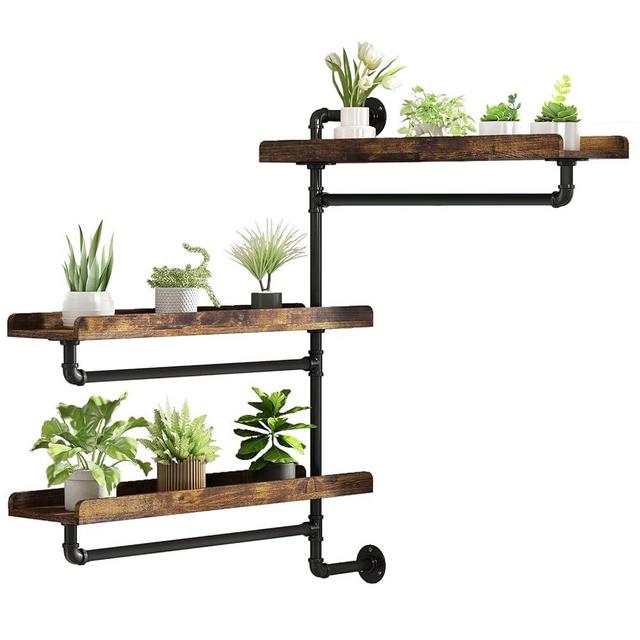 Rotating Window Plant Shelves w Powerful Storage,Floating Shelves for Plants w Industrial Pipe,Strong Load-Bearing,Plant Shelf Made of Waterproof Wood for Home Decor & Plant Pots,3 Layer