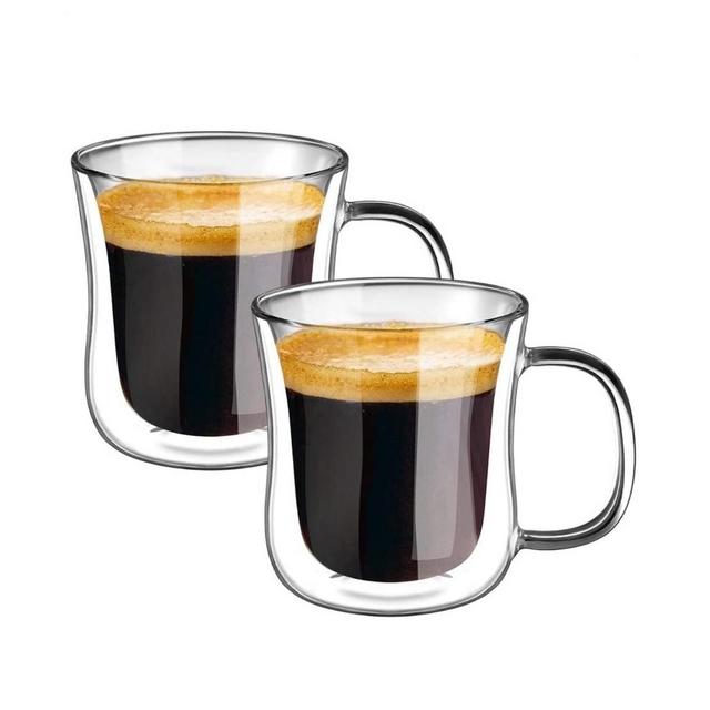 ecooe Espresso Cups 4 Oz Double Walled Glasses Coffee Mugs Set of 2, Clear Glass Coffee Cups with Handle, Insulated Coffee Mug Borosilicate Heat Resistant Double Wall Glass Espresso Coffee Cups