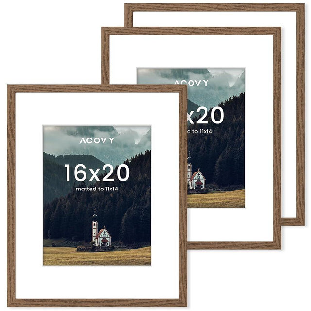 Acovy 16x20 Picture Frame for Wall, Poster Frame With High Definition Plexiglass - Matted to 11x14 (Walnut, 3 Pack)