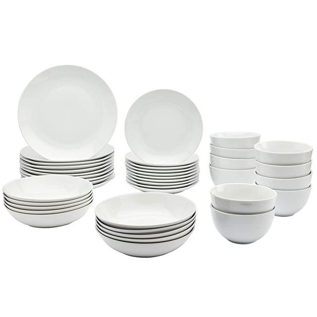 Tabletops Gallery White Catering Dinnerware Collection- Events Party Wedding Household Dining, 40 Pack Round Set (10 Dinner Plates, 10 Appetizer/Dessert/Salad Plates, 10 Dinner Bowls, 10 Cereal Bowls)