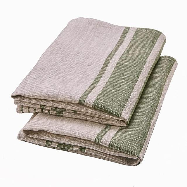 Pure Linen Kitchen Tea Towels Set of 2 Flax Dish Towels 17 x 27 inches with Olive Green French Country Stripes. (Olive)