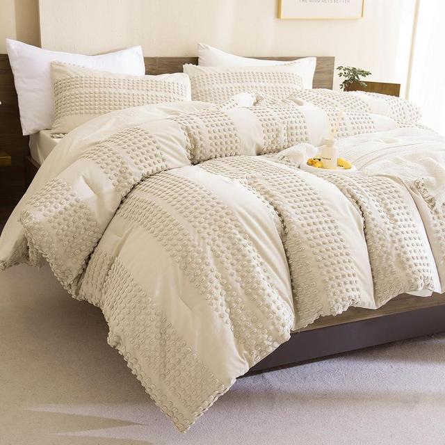 Andency King Size Comforter Set Beige, 3 Pieces Boho Tufted Vintage Solid Bedding Comforter Sets for King Bed, All Season Pom Pom Soft Fluffy Bed Set (104x90In Comforter & 2 Pillowcases)