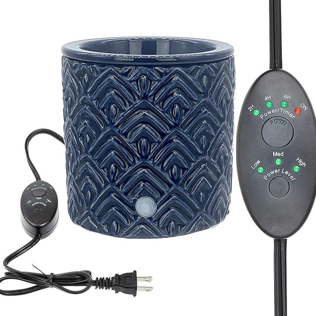 Blue Chevron Ceramic Candle Warmer Electric with Safety Timer | Automatic Plug in Fragrance Warmer for Scented Wax Melts, Cubes, Tarts | Air Freshener Set for Home Décor, Office, and Gifts