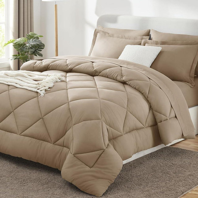 CozyLux King Comforter Set with Sheets 7 Pieces Bed in a Bag Taupe All Season Bedding Sets with Comforter, Pillow Shams, Flat Sheet, Fitted Sheet and Pillowcases
