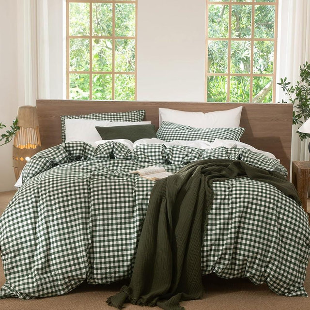 MooMee Gingham Duvet Cover Set 100% Washed Cotton Linen Like Textured Breathable Durable Soft Comfy Modern Checkered Design (Forest Green Gingham, King 104"x90")