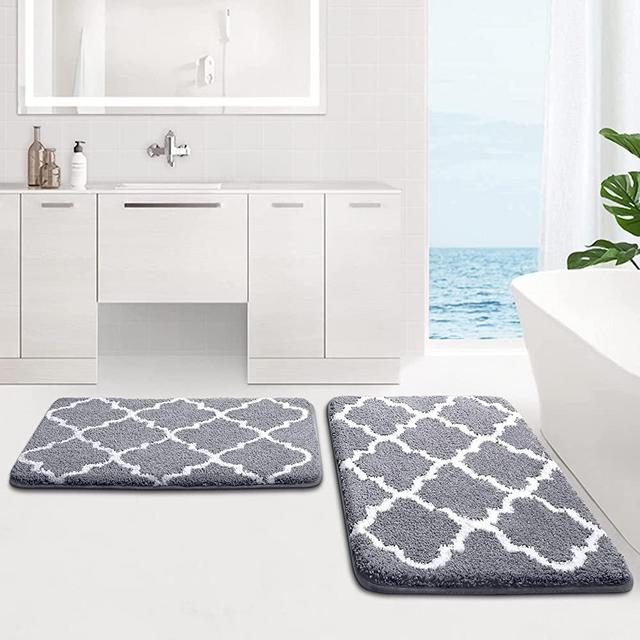 HappyTrends Bathroom Rugs and Mats Sets,2 PCS Non-Slip Fluffy Soft Microfiber Bath mat,Machine Washable Super Absorbent Shower Rugs Floor Carpet Mat for Bathroom,Tub and Shower(18"x26"+20"x32",Grey)