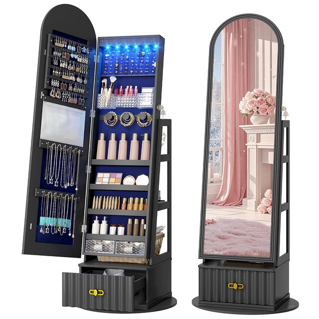 Vlsrka LED Mirror Jewelry Cabinet Standing,360° Swivel Full Length Mirror with Storage, Lockable Jewelry Armoire Cabinet Standing, Large Drawers Space-Saving Organizer for Christmas Gift, Black