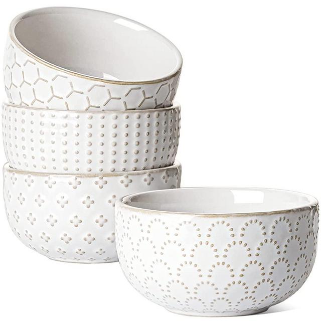 LE TAUCI Dipping Bowls 3.5 inch, House-warming Gift, Ceramic Embossment Stoneware Bowl for Side Dish, Sauce, Appetizer, Dessert, Sushi - 7 oz, Set of 4, Arctic white