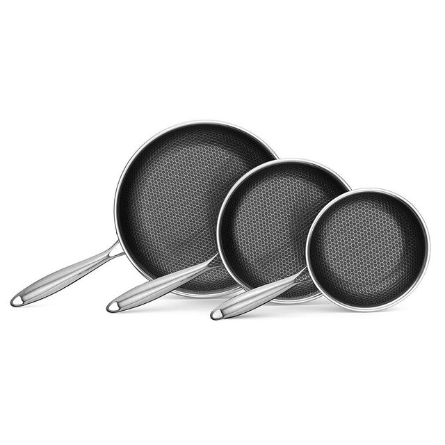Bielmeier 8, 10, 12 Inch Nonstick Frying Pan，3-Piece Set Stainless Steel Flat Bottom Frying Pan for Gas, Electric & Induction Cooktops, Dishwasher S