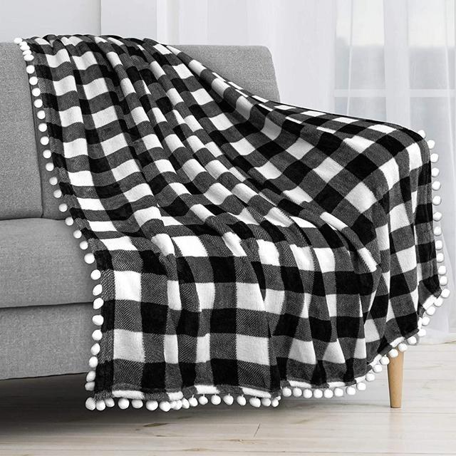PAVILIA Pom Pom Blanket Throw Twin, Buffalo Plaid White Black Check | Soft Fleece Pompom Fringe Blanket Couch Bed Sofa | Decorative Farmhouse Cozy Plush Warm Flannel Velvet Tassel Throw Blanket, 60x80