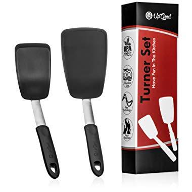 Turner Set | 2 Pack | Large and Small Kitchen Spatulas | Stainless Steel & Silicone | Non-Stick and Heat Resistant Utensils for Cooking, Flipping and Pressing (UpGood Kitchen Tools, Shadow Black)