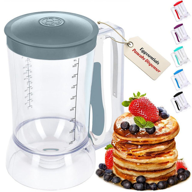 Eggssentials Pancake Dispenser – Easy Control Cake Mix Dispenser for Baking – Drip-Free Muffin & Cupcake Batter Dispenser with Handle – Great for Griddle Pancakes - Grey Color