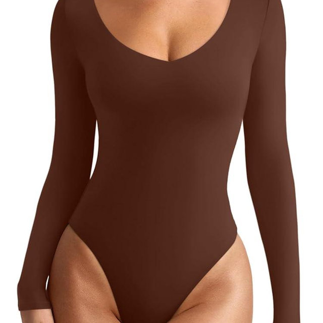 REORIA Women's V Neck Long Sleeve Bodysuits Comfy Double Lined Basic Tank Top Body Suits