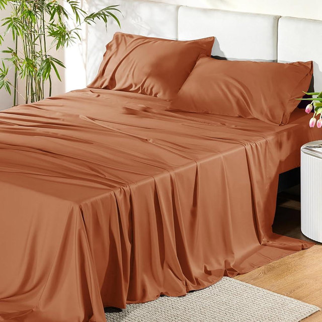 Bedsure California King Sheet Sets, Cooling Sheets, Rayon Derived from Bamboo, Deep Pocket Up to 16", Breathable & Soft Bed Sheets, Hotel Luxury Silky Bedding Sheets & Pillowcases, Burnt Orange