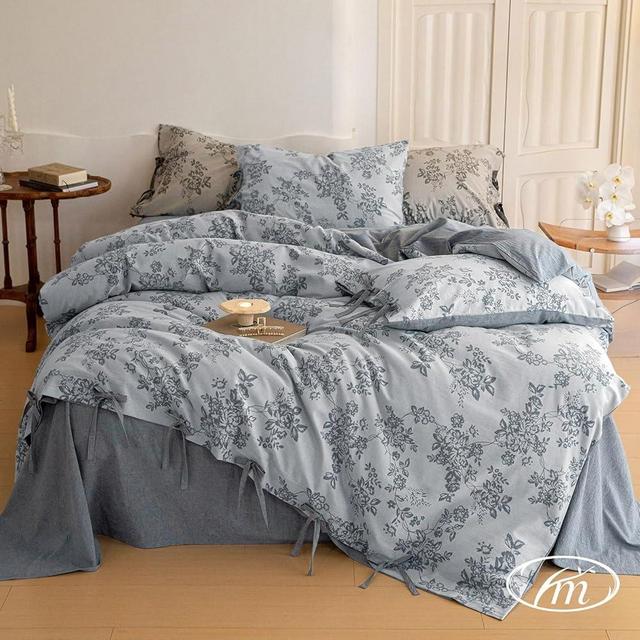 VM VOUGEMARKET Duvet Cover Set King Size Linen Cotton Yarn-Dyed Duvet Cover,Jacquard Garden Floral Pattern Monet Style 3Pieces Bedding Set,Navy Blue