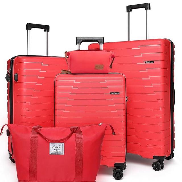 Cosbarn Luggage Sets 5 Piece, Suitcases with Wheels, PP Hard Case Luggage with Upgraded Shock-absorbing Spinner Wheel&TSA Lock, Carry On Luggage Set (Red, 20/24/28 inch)