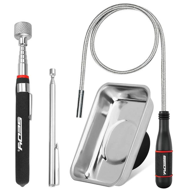 4-Piece Telescoping Magnetic Pickup Tools Set: 31in Portable Magnetic Pickup Stick, 25in Pen-Style Magnetic Pickup Tool with Pocket Clip, 20in Flexible Bendable Spring Magnet Stick, Magnet Parts Tray