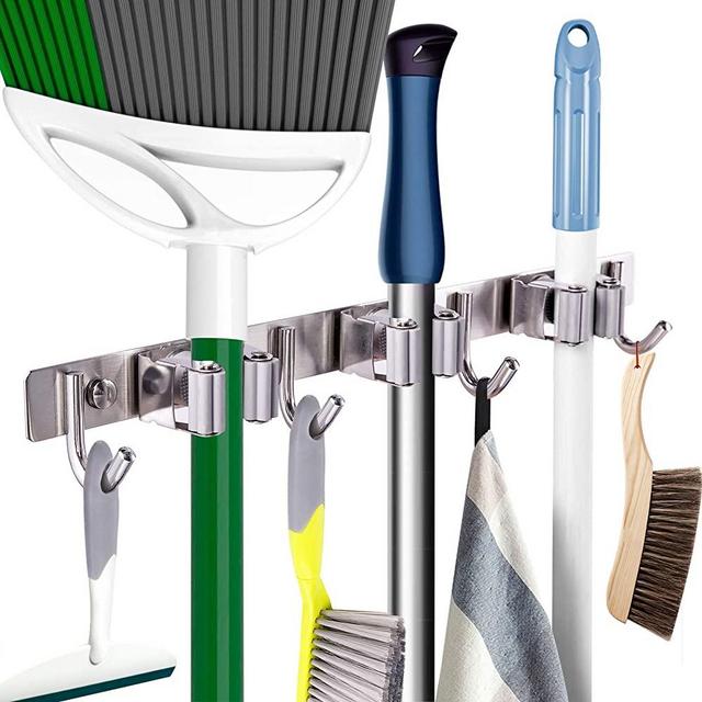 Mop Broom Holder Heavy Duty Hooks Hanger Wall Mounted 15” Stainless Steel Organizer for Home Laundry Bathroom Kitchen Garage Garden Utility Tools Rack Storage Durable