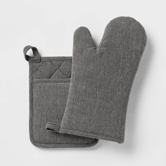 2pc Cotton Oven Mitt and Pot Holder Set Black - Threshold™