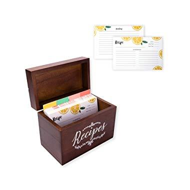 Vintage 4x6 Wood Recipe Box with Cards and Dividers Gift Set | 75 Lemon Orange Double Sided 4x6 Recipe Cards & 8 Dividers | Great Gift for Mom Women Wedding Bridal Shower