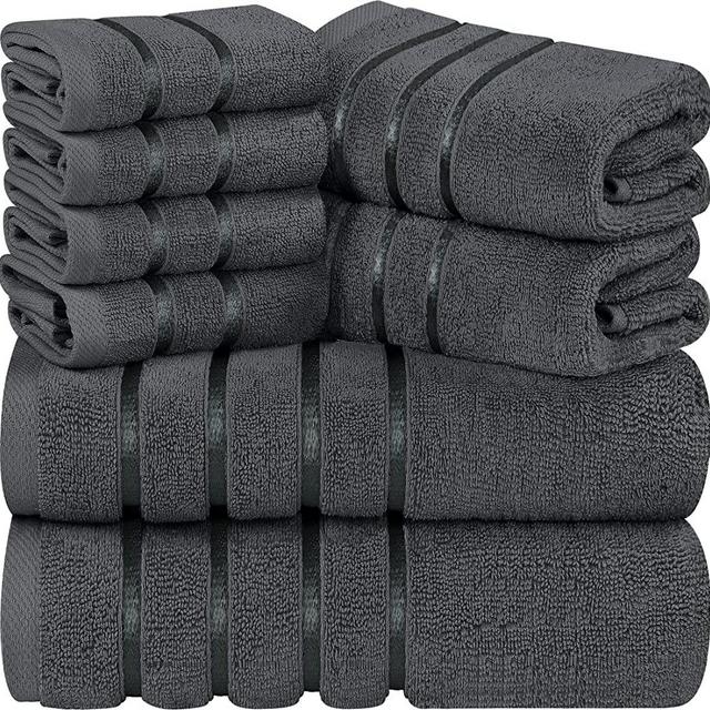 Utopia Towels 8-Piece Luxury Towel Set, 2 Bath Towels, 2 Hand Towels, and 4 Wash Cloths, 600 GSM 100% Ring Spun Cotton Highly Absorbent Viscose Stripe Towels Ideal for Everyday use (Grey)