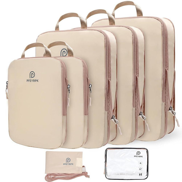 PFEYRPK Compression Packing Cubes for Suitcases,7 Set Travel Packing Cubes for travel,Expandable Organizers Bag Set & Travel Cubes for Luggage,Lightweight Durable Packing Organizers Khaki.