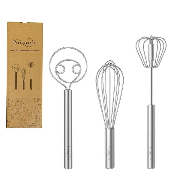 NAZANIN 3-Piece Premium Whisk Set - 304 Stainless Steel Danish Dough Whisk, Semi-Automatic Push Egg Beater, & Balloon Whisk - Professional Battery-Free Baking Tools & Bread Making Gift Set