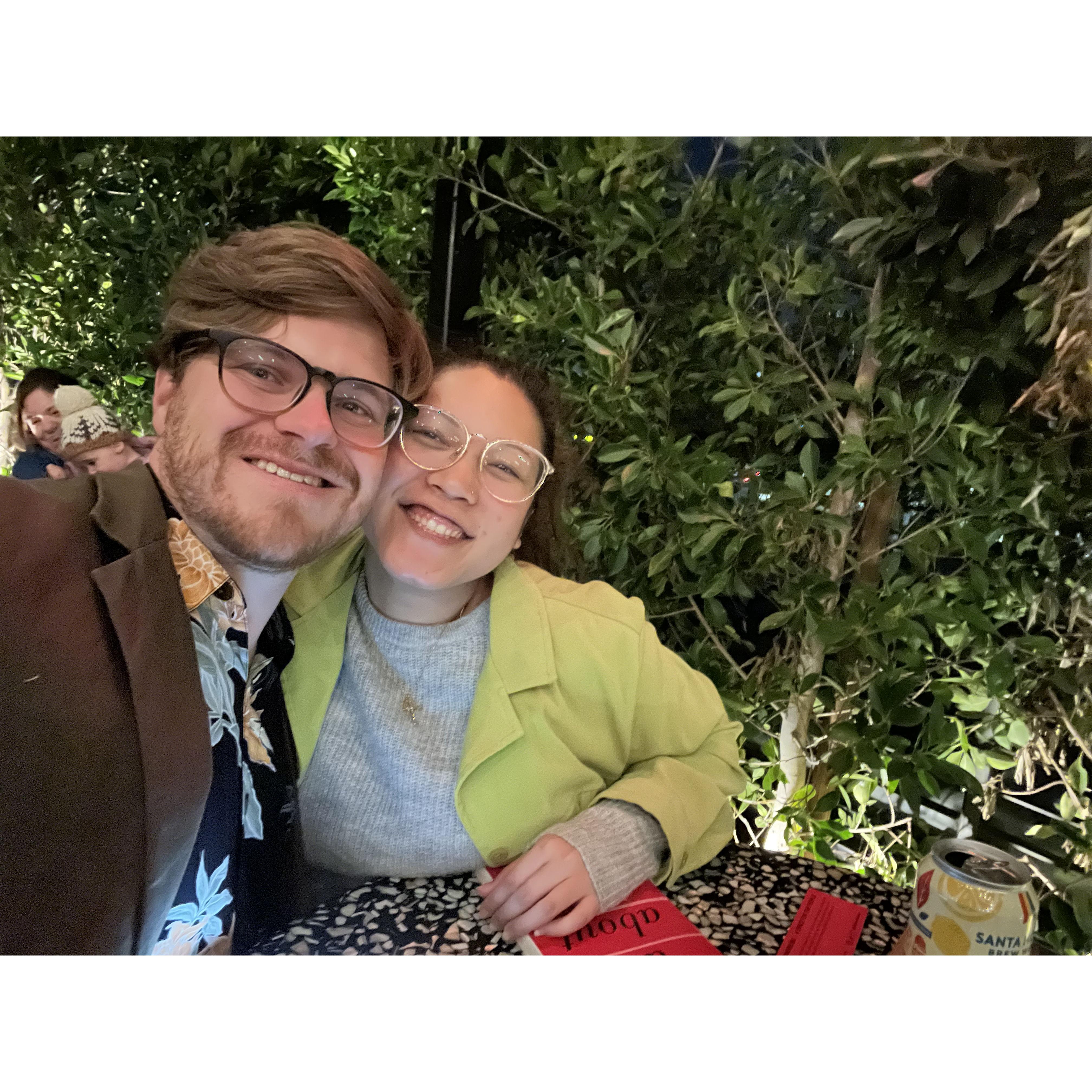 Daniel and Ariana's first Valentine's Day together in 2023. They went to a rooftop bar and read books -- very them.