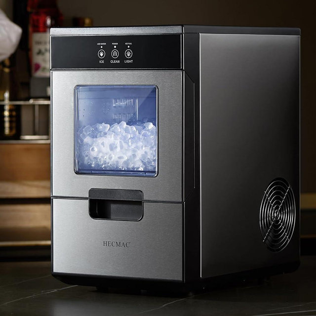 HECMAC Countertop Nugget Ice Maker, 44 lbs/Day Chewable Sonic Ice, 10-Min Rapid Ice, Self-Cleaning, Refillable Tank, Compact Pebble Ice Machine for Home, Office, Kitchen & Bar - Stainless Steel