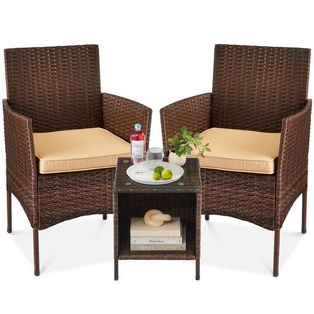 Best Choice Products 3-Piece Outdoor Wicker Conversation Bistro Set, Patio Chat Furniture w/ 2 Chairs, Table - Brown/Tan