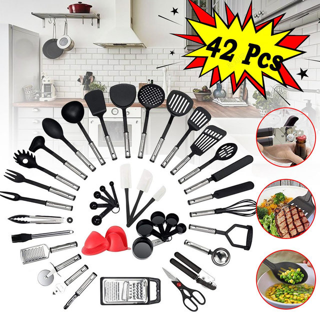 42PCS Stainless Steel Kitchen Cooking Tools Non-stick Restaurant Utensil Set Knife Kitchen Accessories Black+Silver