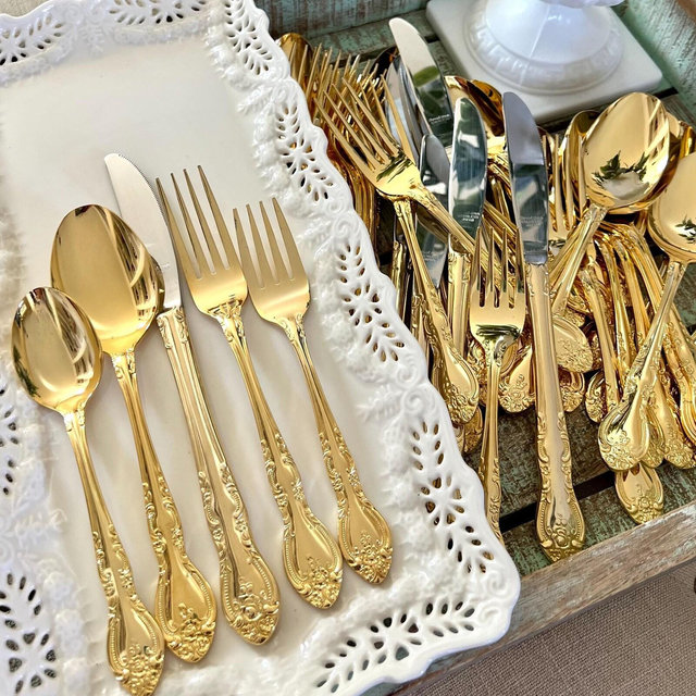 SSI Goldworks Japan Stainless Gold Electroplated Flatware set of 48 Pieces Sarah Ane Gold Pattern - Wedding - Service for 8 TYCAALAK