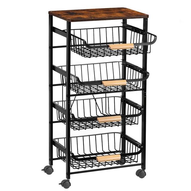 Nandae Kitchen Storage Rolling Cart on Wheels, 5 Tier Metal Rolling Utility Mesh Basket Pantry Cart Rack with Wooden Tabletop for Fruit Vegetable Onion Potato Storage