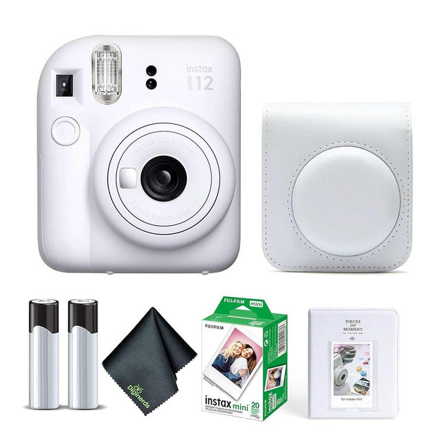 Fujifilm Instax Mini 12 Instant Camera Clay White Bundle with Fuji Instax Mini Film Value Pack (20 Sheets) + Protective Carrying Case + Photo Album + Microfiber Cleaning Cloth