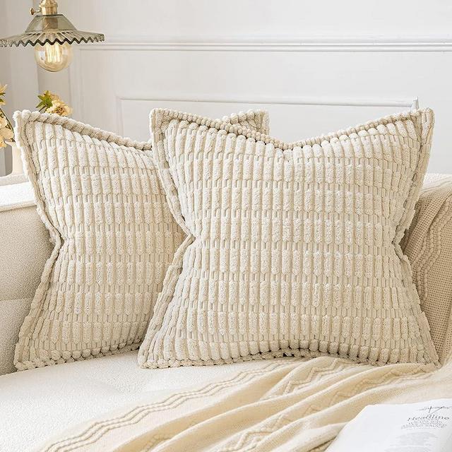 MIULEE Cream White Corduroy Decorative Throw Pillow Covers Pack of 2 Soft Striped Pillows Pillowcases with Broad Edge Modern Boho Home Decor for Couch Sofa Bed 20x20 Inch