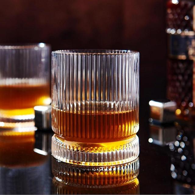 VUNDO Ribbed Whiskey Glasses Set of 4, 12 Oz Lead-Free Crystal Heavy Base Barware Glass, Perfect for Bourbon Rocks Cocktail Scotch Drinking