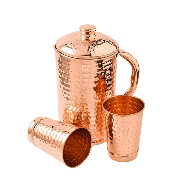 2activelife 100% Pure Copper Pitcher 1500 ml / 50.72 Oz With 2 Tumblers | Drinking Water Hammered Pitcher With Glasses | Copper Jug Set With Lid & Cups | Handle Water Bottle | Ayurveda Health Benefits